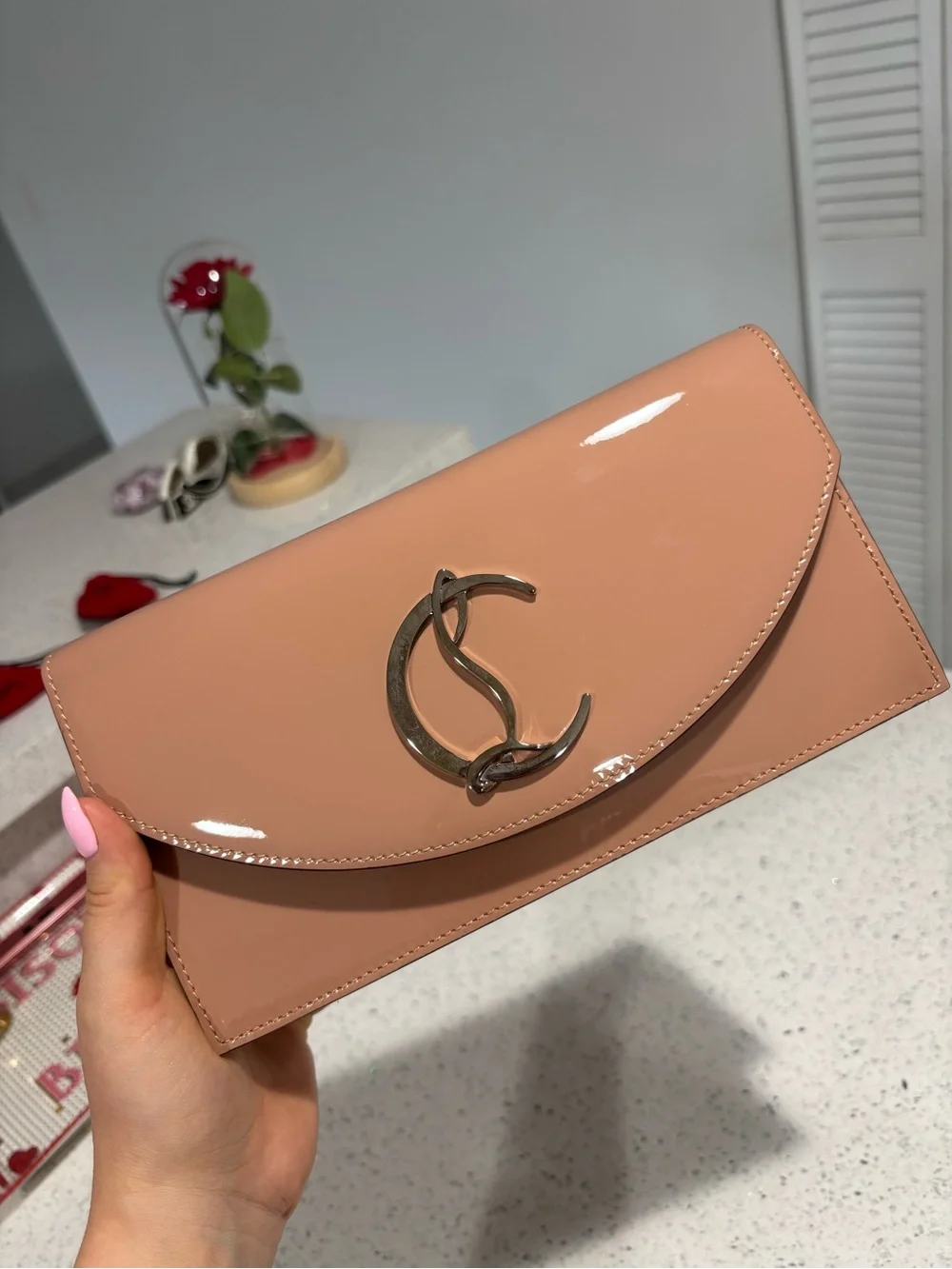 Christian Louboutin Blush Patent Leather Clutch with Removable Chain